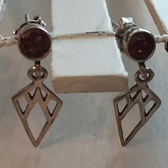 Solid sterling silver dangle earrings red ruby rou - Picture 3 of 6